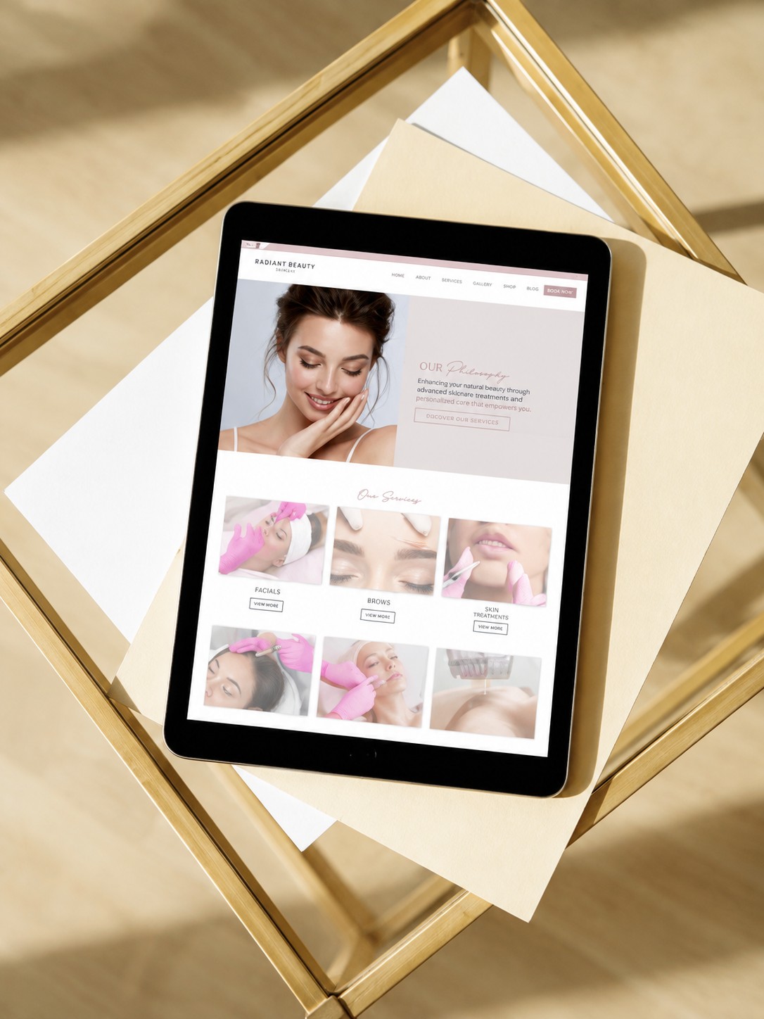 Tablet mockup of a skincare and aesthetics website