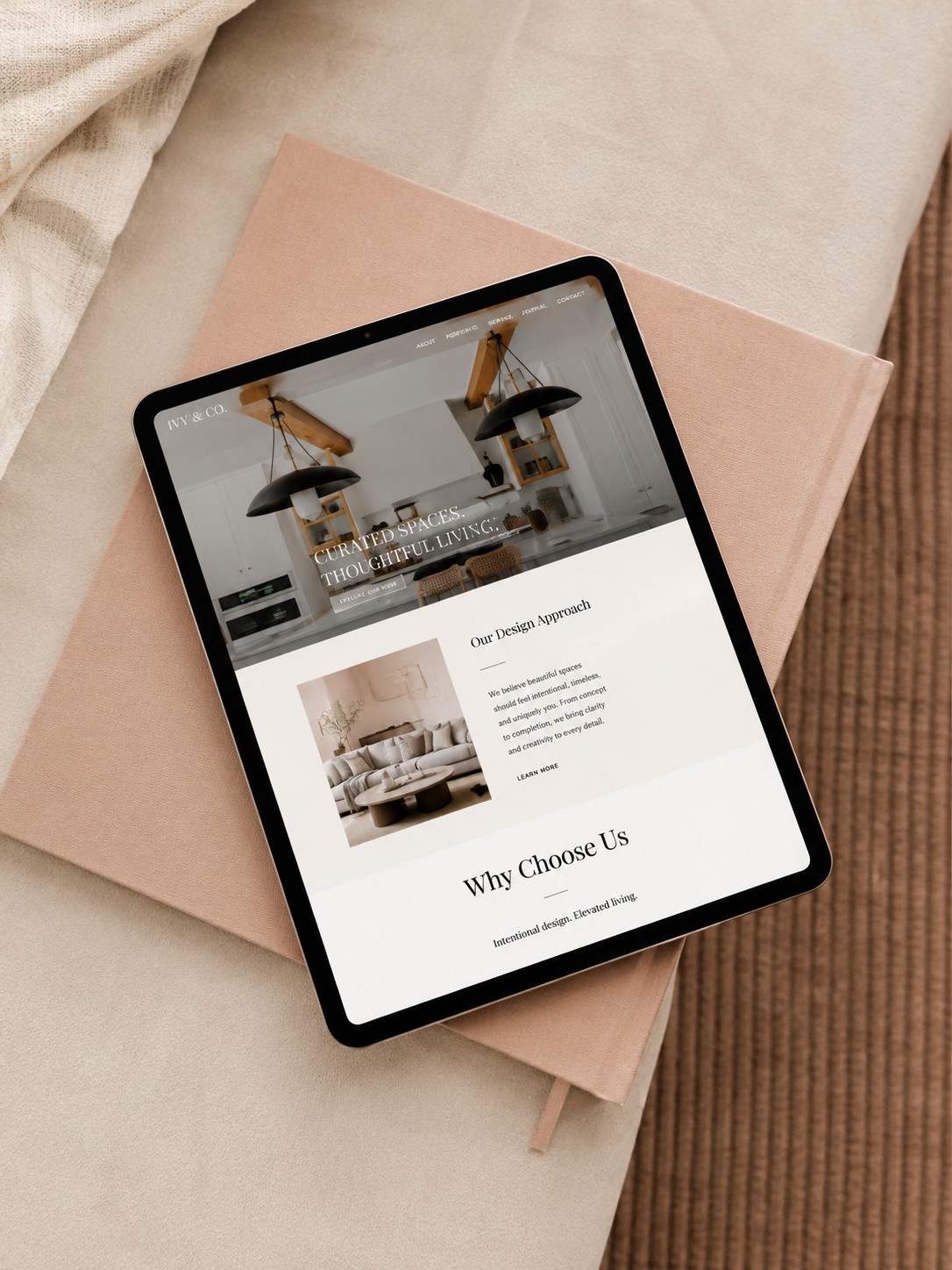 Tablet mockup of an interior design studio website