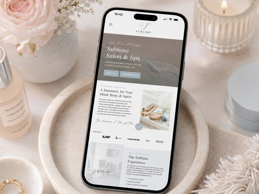The Sublime Salon and Spa site shown on a phone