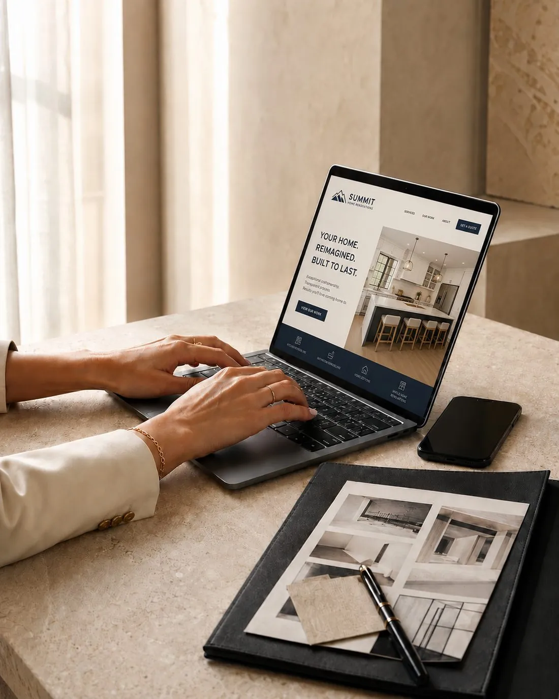 Business owner reviewing a polished client website on a laptop, the landing page behind a managed advertising campaign