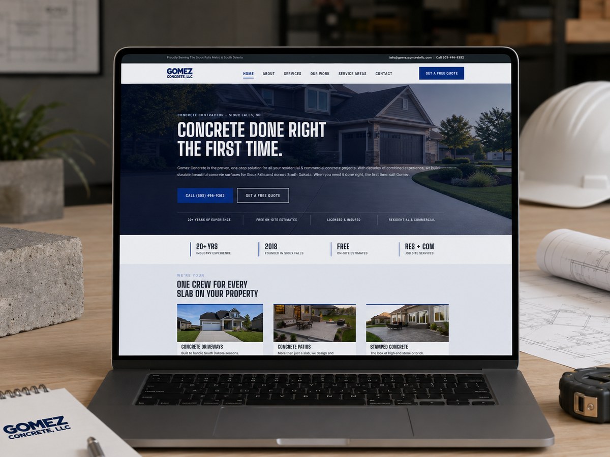 Gomez Concrete homepage shown on a laptop