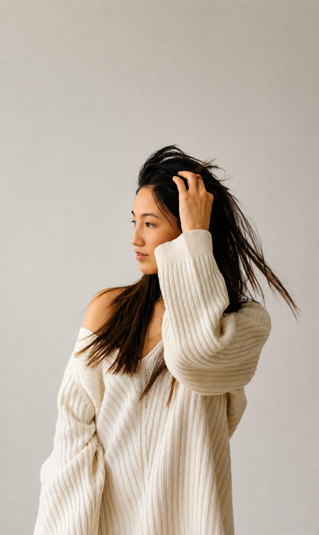 Woman in a cream sweater, representing established business owners ready for a website upgrade