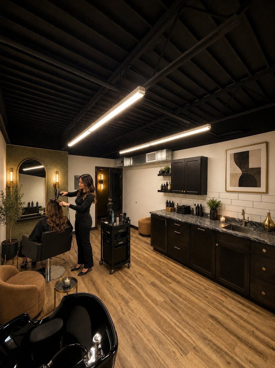 A stylist working with a client in a finished black and gold Von Rae suite