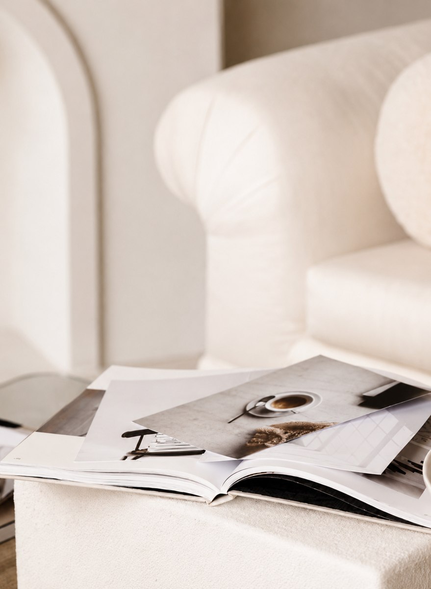 Stack of open design magazines beside a cream armchair at The Agency studio