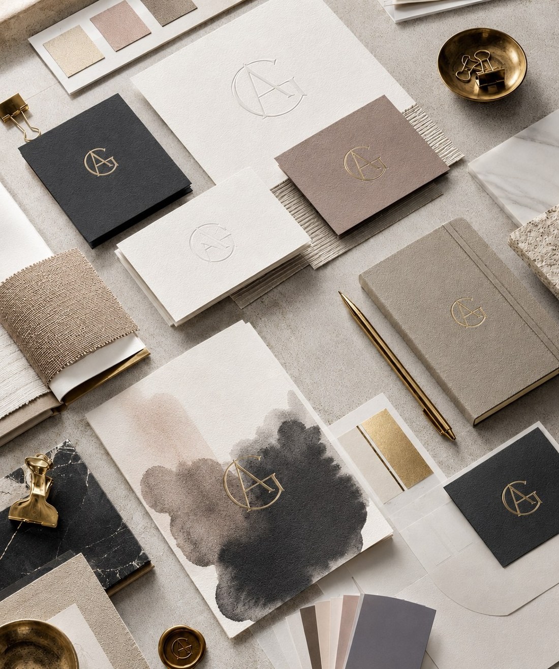 Brand materials and colour direction laid out for a client project