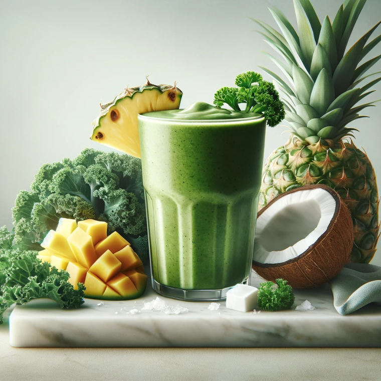 A realistic and appetizing image of the Tropical Treat Green Smoothie made with kale, pineapple, mango, and coconut water in a glass.