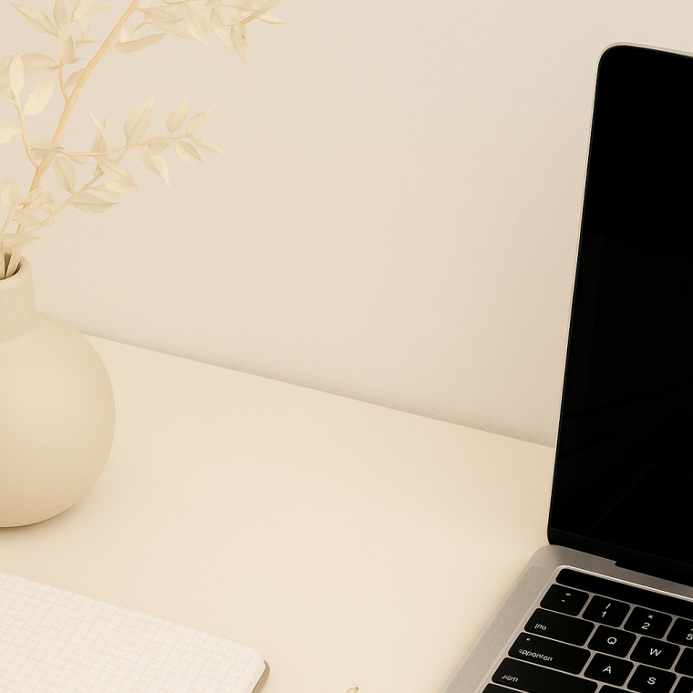 A neutral-toned flat lay showing a laptop, notebook, pen, and vase on a beige desk