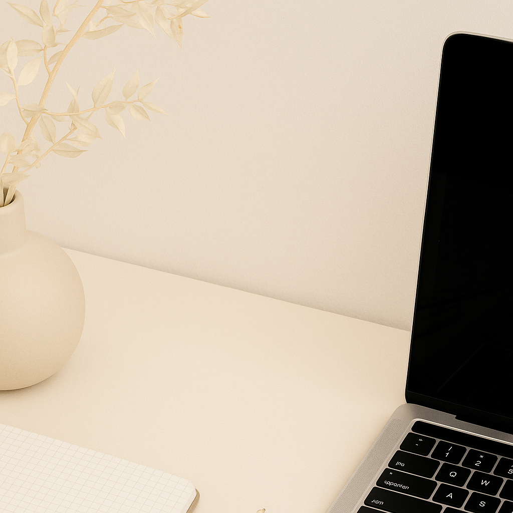 A neutral-toned flat lay showing a laptop, notebook, pen, and vase on a beige desk
