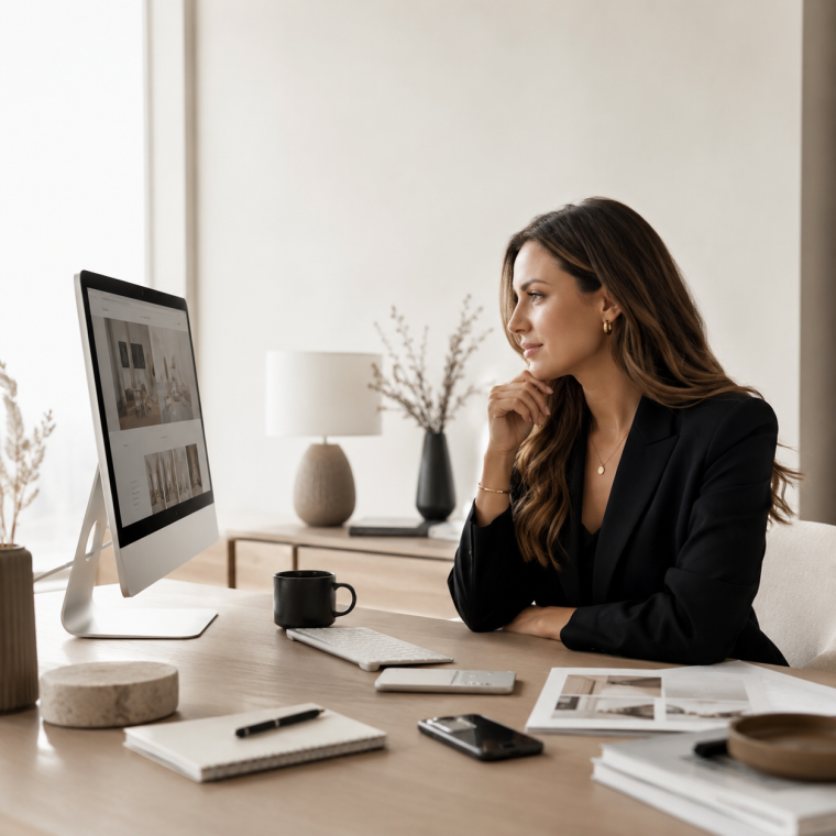 Alt Text: Female business owner reviewing her website in a modern office before a strategic website redesign