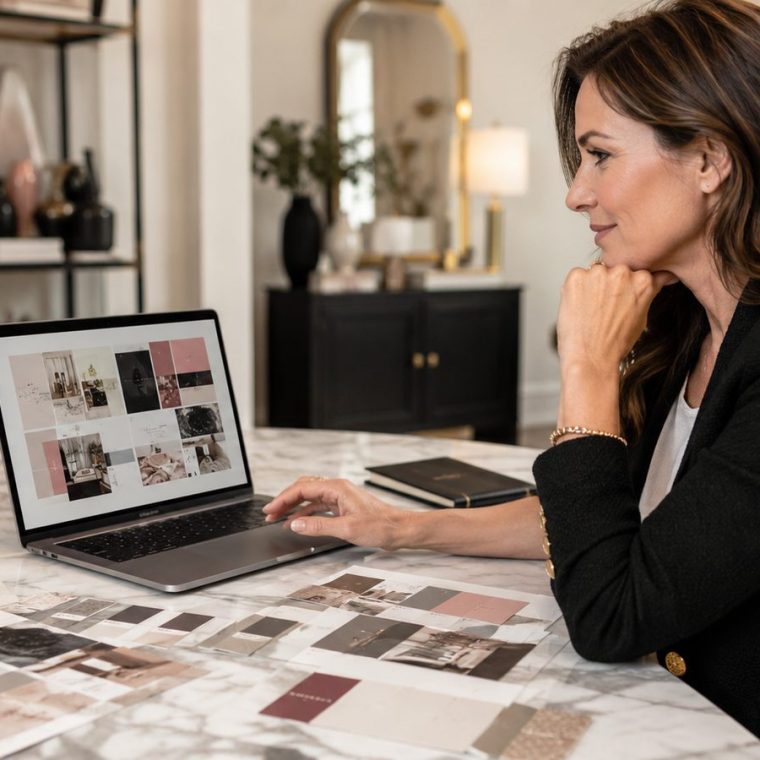 Business owner in Sioux Falls comparing web designer portfolios on a laptop in a bright office