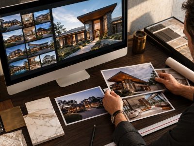 Construction company website portfolio showing a grid of completed residential and commercial projects