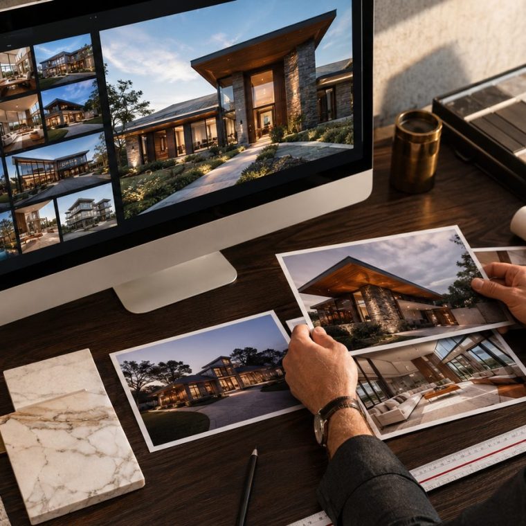 Construction company website portfolio showing a grid of completed residential and commercial projects
