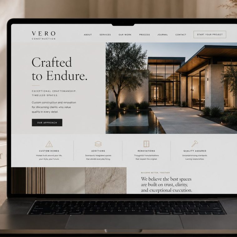 Contractor website design on a tablet showing a completed home project portfolio and request-a-quote button