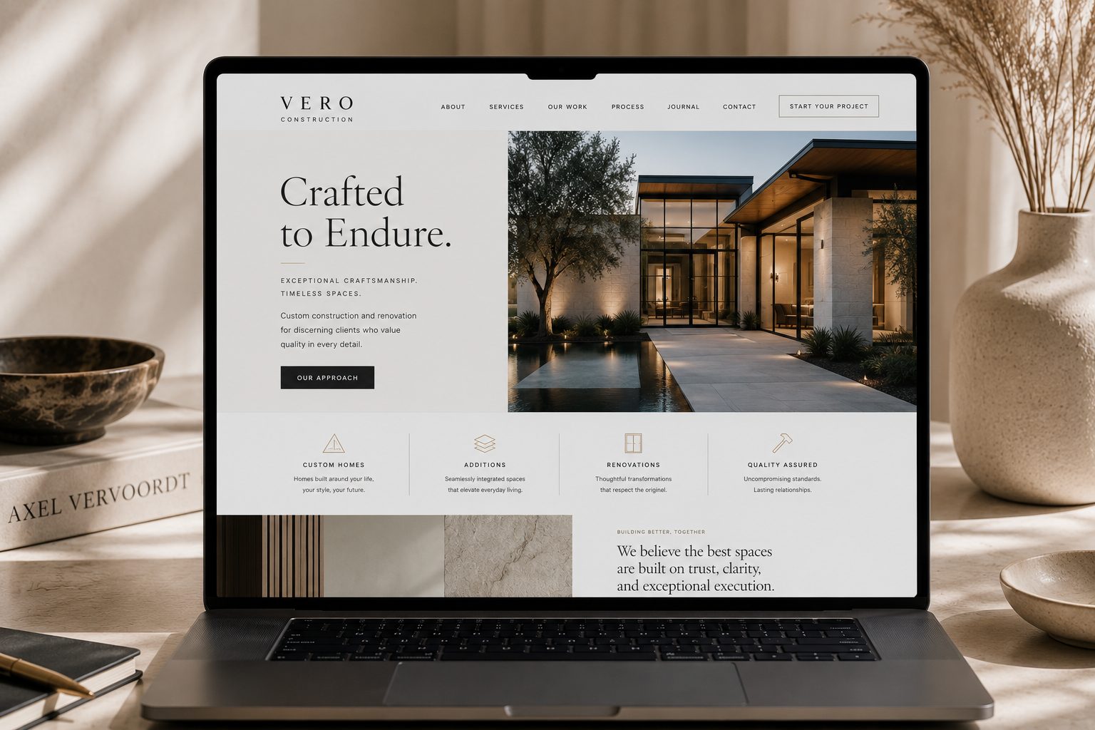 Contractor website design on a tablet showing a completed home project portfolio and request-a-quote button