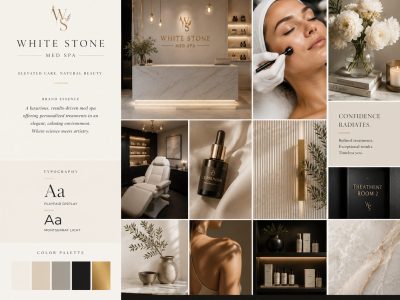 Med spa branding suite showing logo, soft color palette, gift card, and signage in a cohesive identity