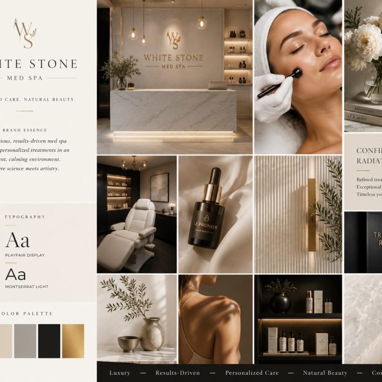 Med spa branding suite showing logo, soft color palette, gift card, and signage in a cohesive identity
