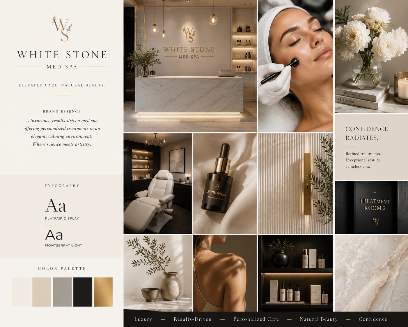 Med spa branding suite showing logo, soft color palette, gift card, and signage in a cohesive identity