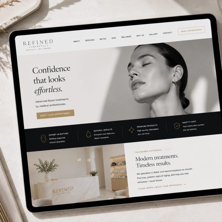 Med spa website design on a tablet showing treatment pages, provider bios, and a book-a-consultation button