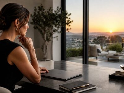 Real estate agent website design shown on a laptop and phone with a featured listing and agent bio