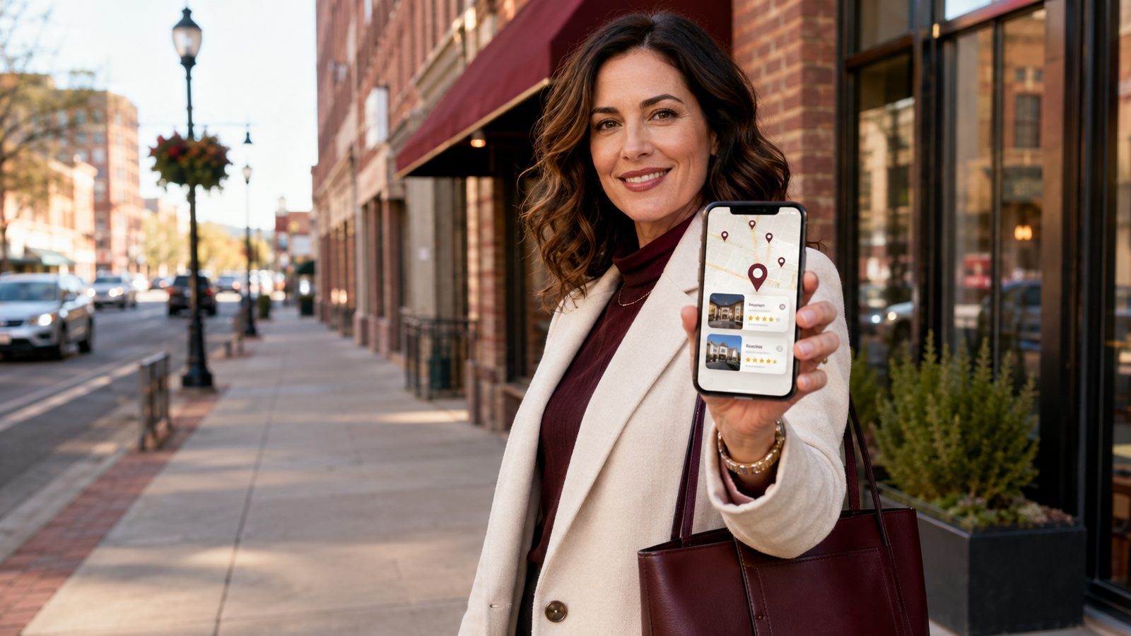 Phone held in downtown Sioux Falls showing local search results with a top-ranked business listing
