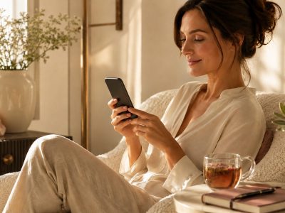 Woman booking a wellness appointment on her phone from a website with a simple scheduling screen